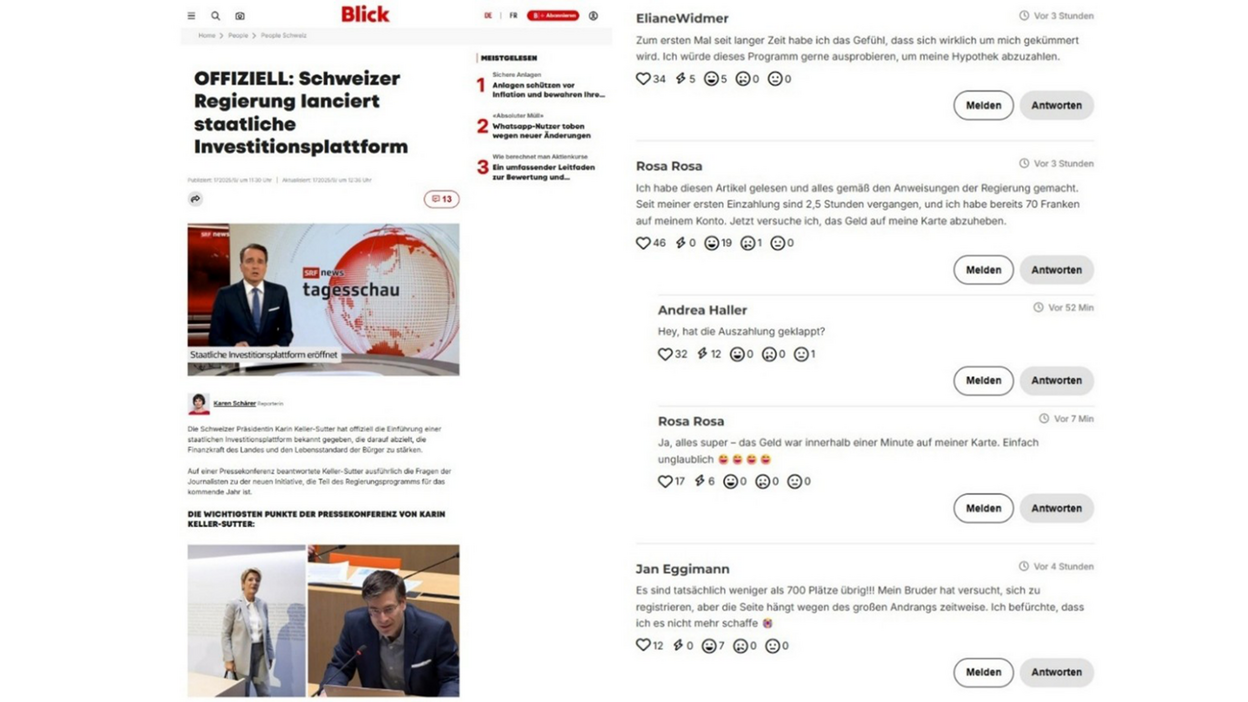 Screenshots der Fake-Website inklusive erfundener Diskussionsbeiträge: Sieht nach Blick aus, ist es aber nicht.